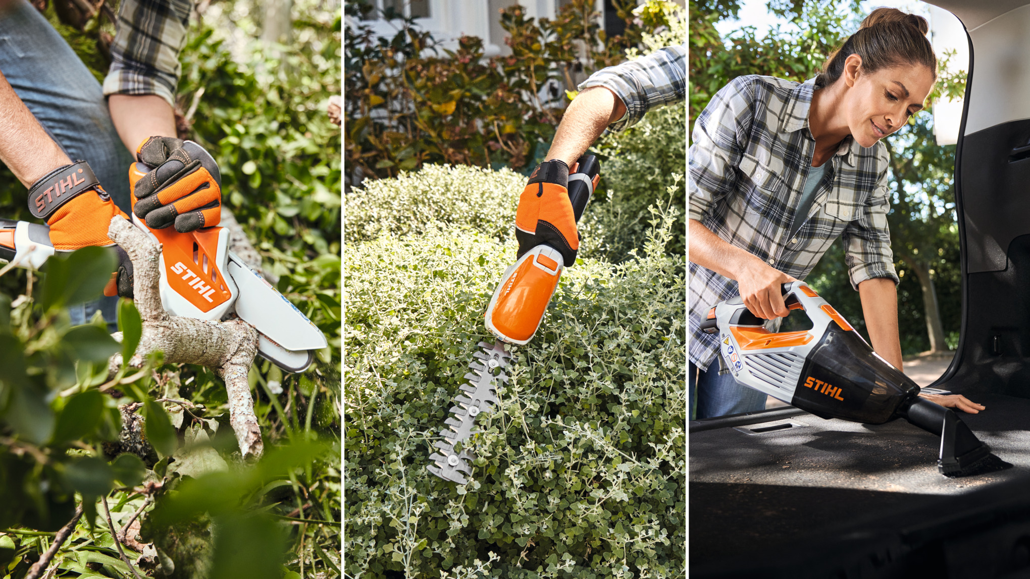 Utilajele STIHL din sistemul AS, utilaj de tăiat material lemnos cu acumulator GTA 26, foarfecă de tuns arbuști cu acumulator HSA 26 și aspirator de mână cu acumulator SEA 20