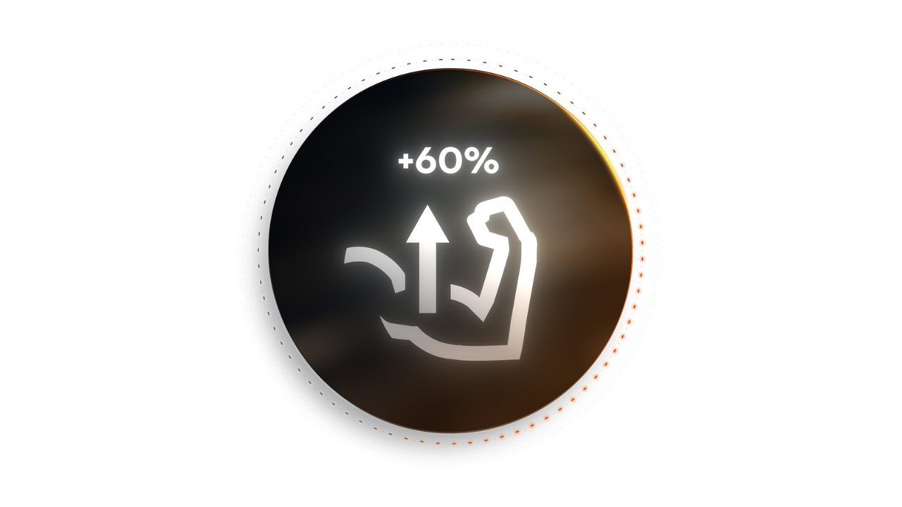 Pictogramă care prezintă un braț flexat cu o săgeată în sus și "+60%", indicând o putere de ieșire mai mare.