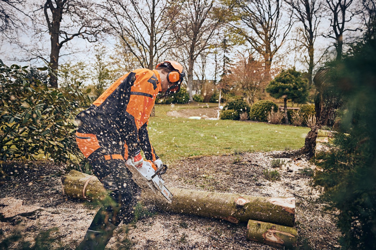 Un bărbat în echipament de protecție taie un butuc cu un motoferăstrău cu acumulator STIHL într-un spațiu verde
