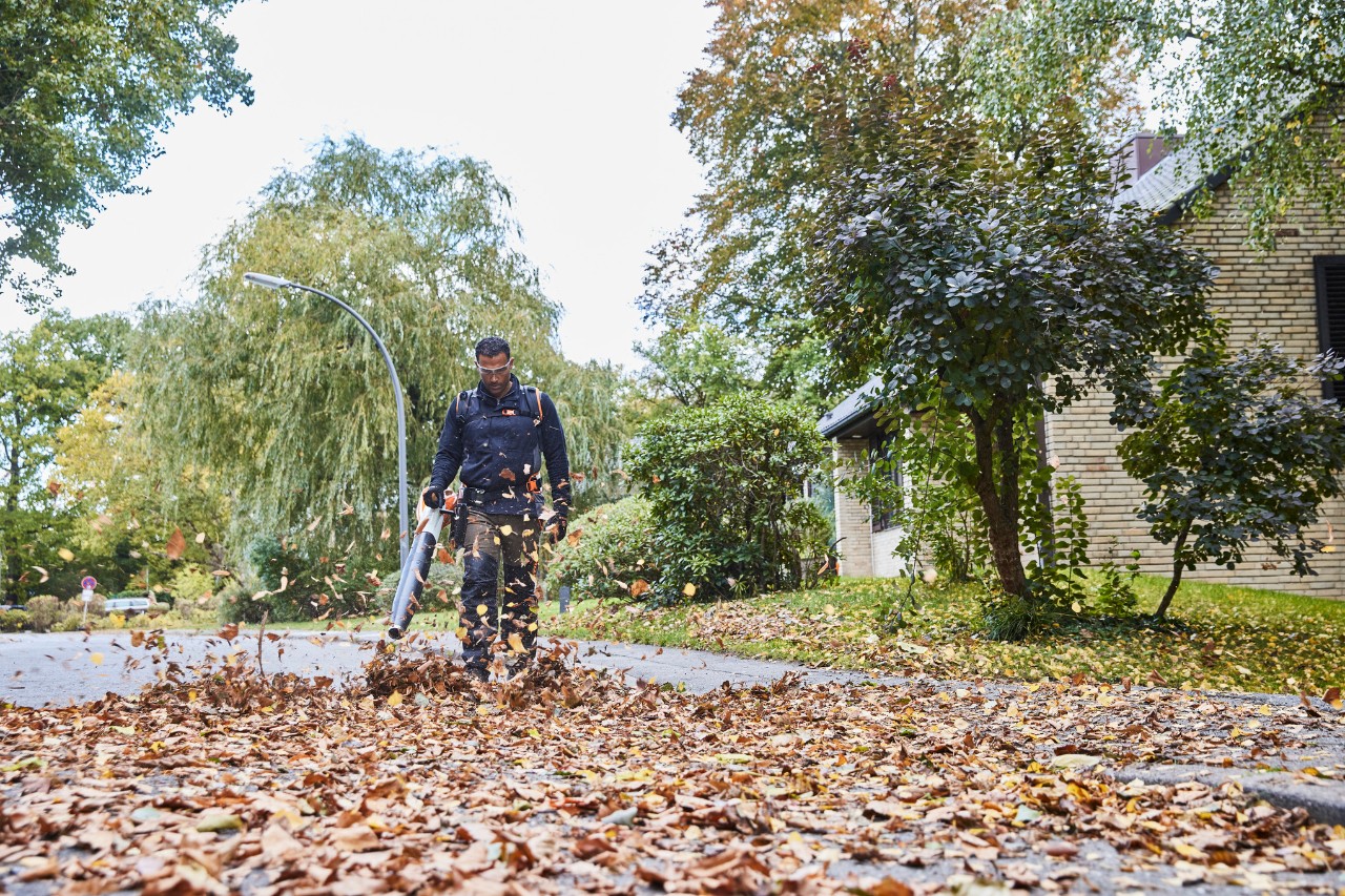 Un horticultor și peisagist îndepărtează frunzele de pe o stradă cu ajutorul suflantei cu acumulator STIHL BGA 200.