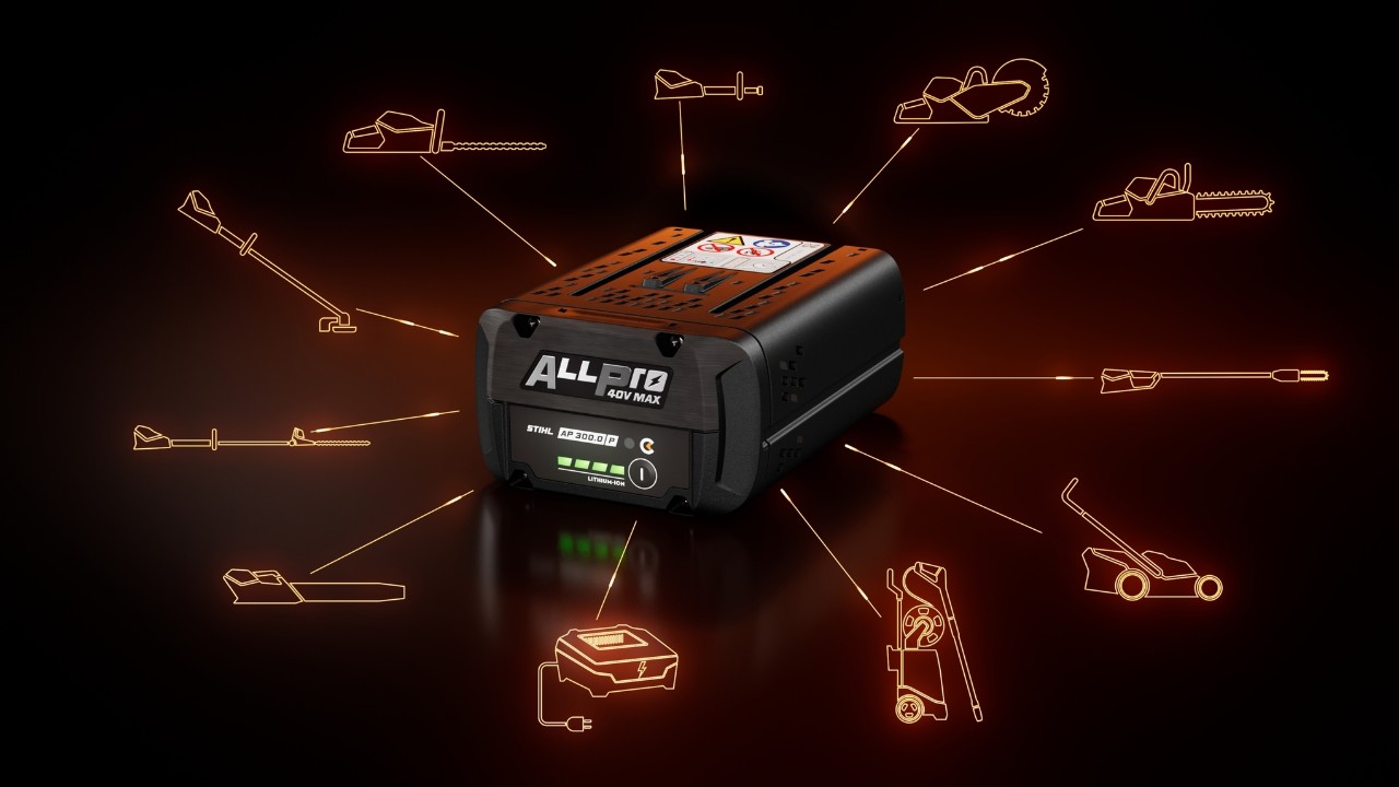 Bateria STIHL ALLPRO AP 300 P C, înconjurată de mai multe pictograme ale categoriilor de produse compatibile